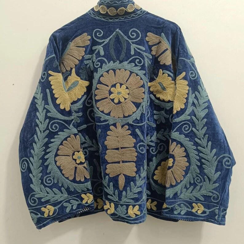 Vintage Velvet Suzani Jacket, Embroidered Boho Kimono Coat Bohozani