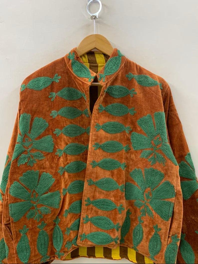 Handmade Velvet Suzani Embroidered Coat | Cropped Boho Ethnic Jacket Bohozani