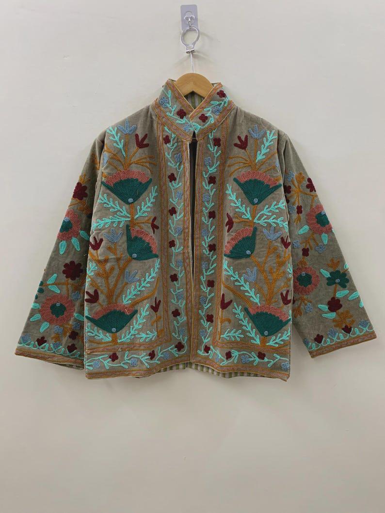 Handcrafted Velvet Suzani Jacket | Floral Embroidered Boho Cropped Outerwear Bohozani