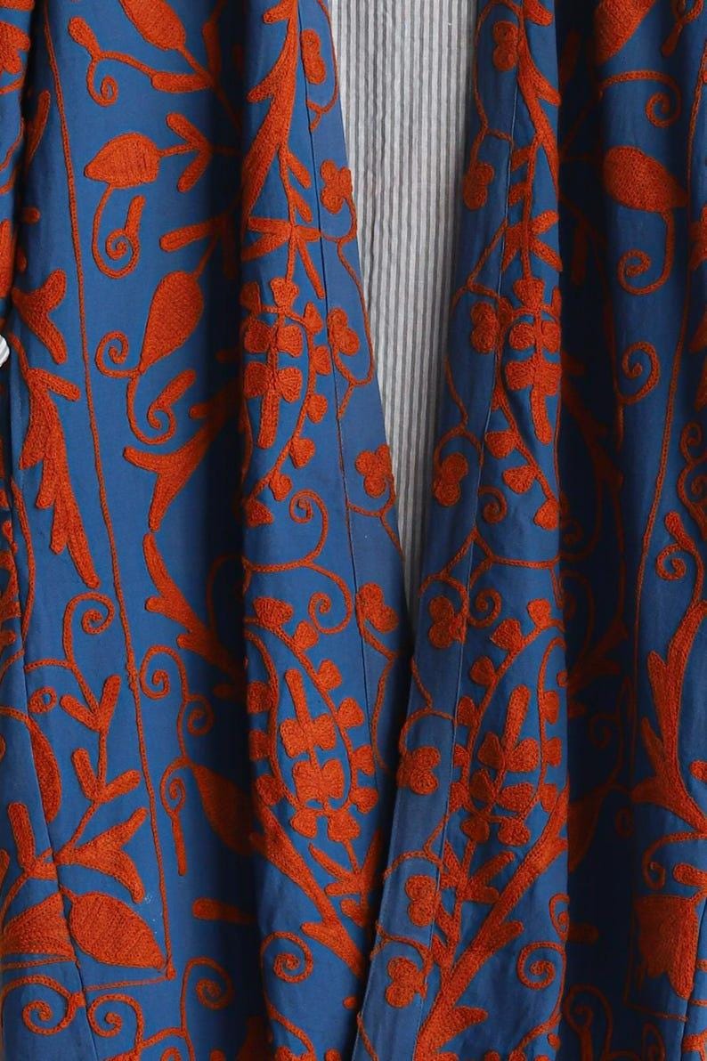 Blue Hand Embroidered Suzani Kaftan – Organic Cotton Boho Kimono Coat Bohozani