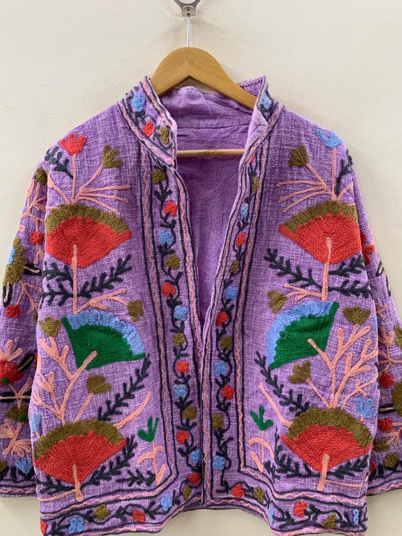 Purple Cotton Velvet Suzani Embroidered Jacket | Floral Folk Art Boho Outerwear Bohozani