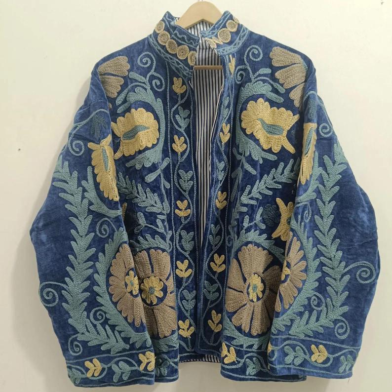 Vintage Velvet Suzani Jacket, Embroidered Boho Kimono Coat Bohozani