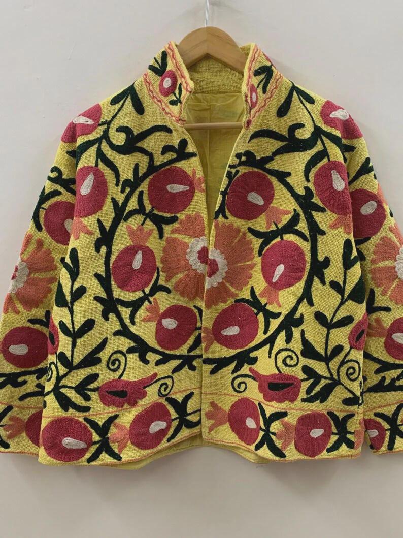 Embroidered Cotton Velvet Jacket | Floral Folk Art Suzani Duster, Bohemian Style Bohozani