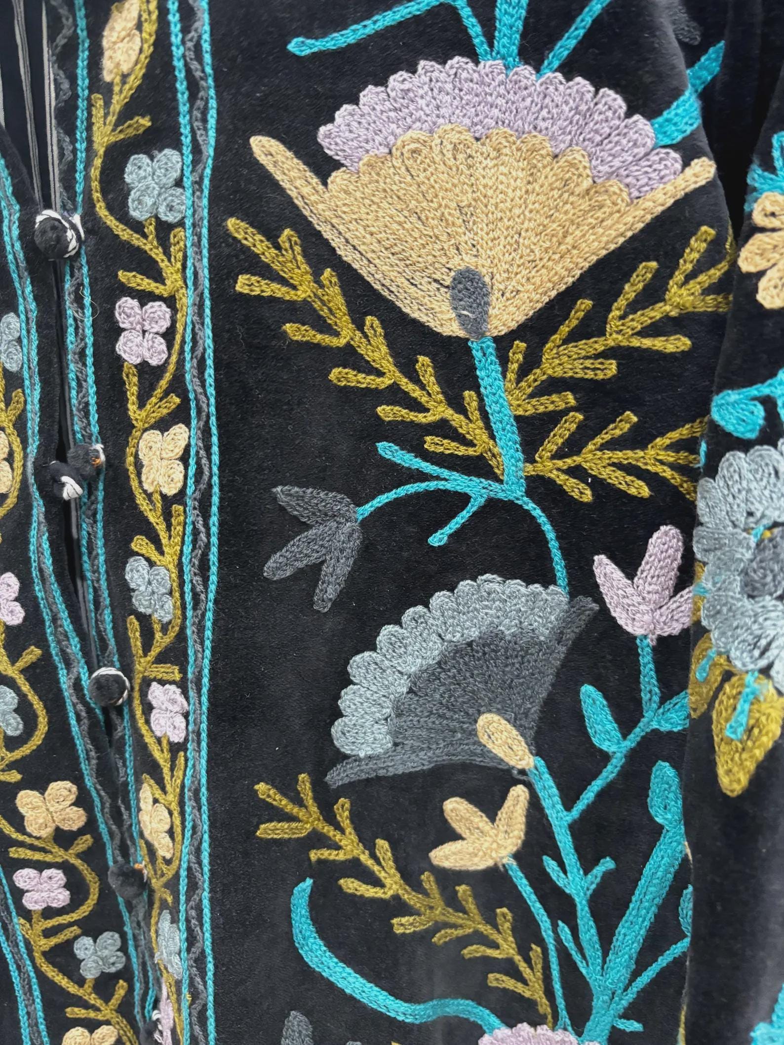 Embroidered Velvet Cropped Jacket | Colorful Suzani Floral Outerwear Bohozani