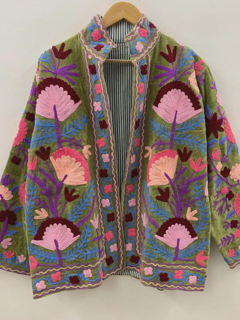 Antique Handmade Velvet Suzani Jacket – Hand-Embroidered Boho Ethnic Kimono Outerwear Bohozani