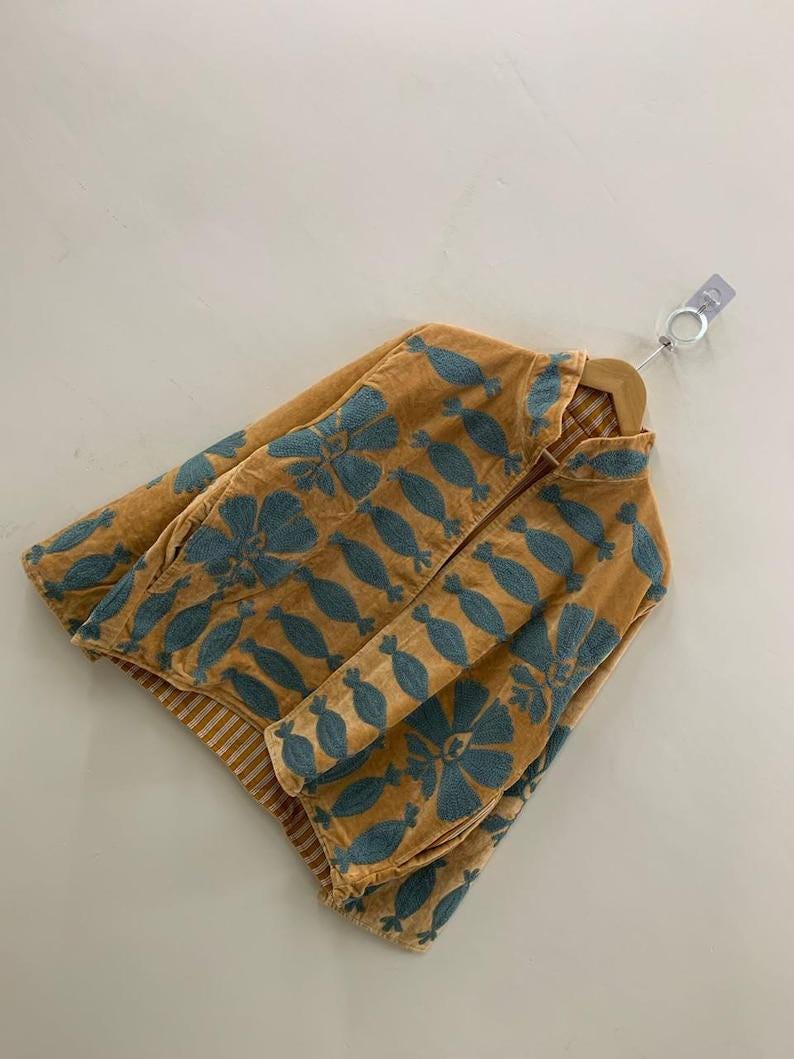 Velvet Blue Suzani Jacket – Hand-Embroidered Boho Ethnic Kimono Outerwear Bohozani