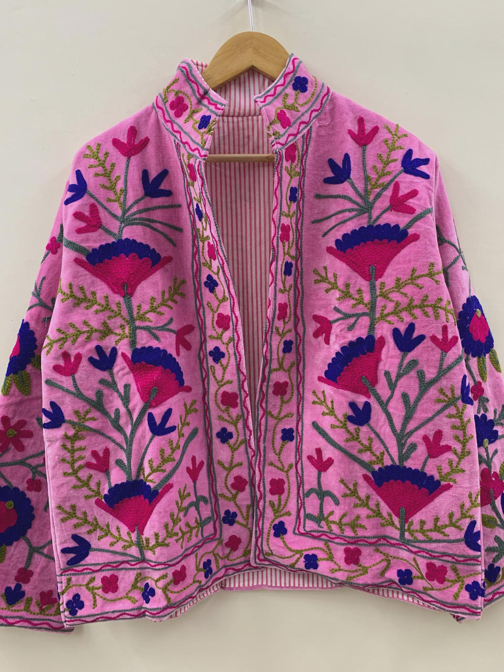 Pink Velvet Suzani Jacket: Embroidered Bohemian Floral Coat For Women Bohozani
