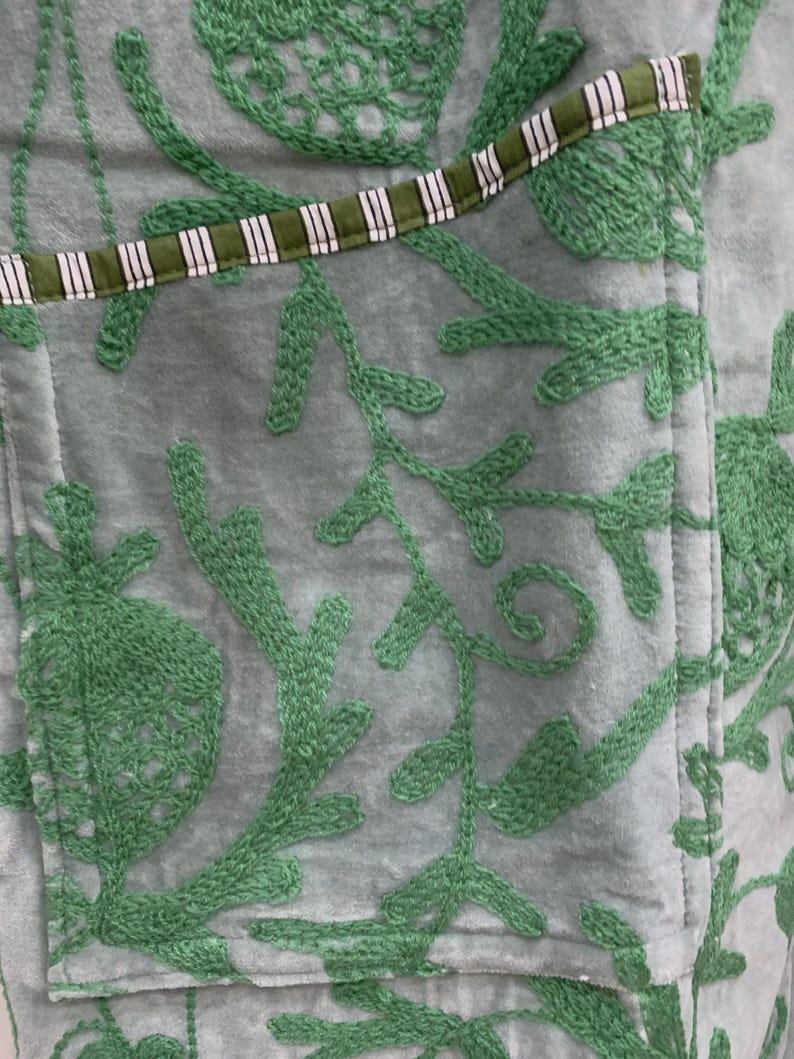 Hand-Embroidered Velvet Kimono Robe | Green Floral Boho Uzbek Duster Jacket Bohozani