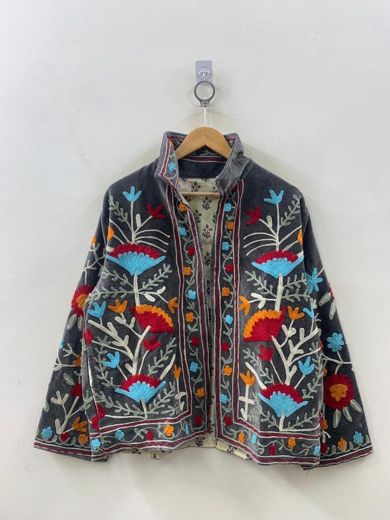 Floral Hand Embroidered Velvet Suzani Coat | Duster Boho Jacket | Gift For Her Bohozani