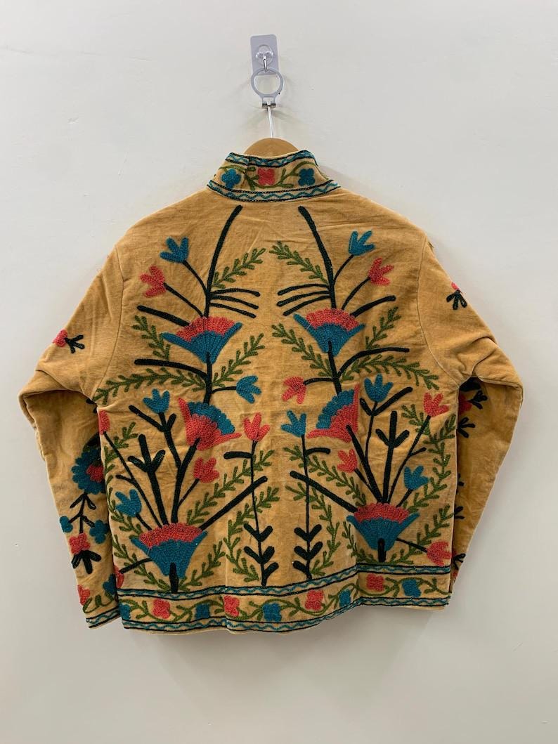 Yellow Velvet Suzani Jacket – Hand-Embroidered Boho Ethnic Kimono Outerwear Bohozani