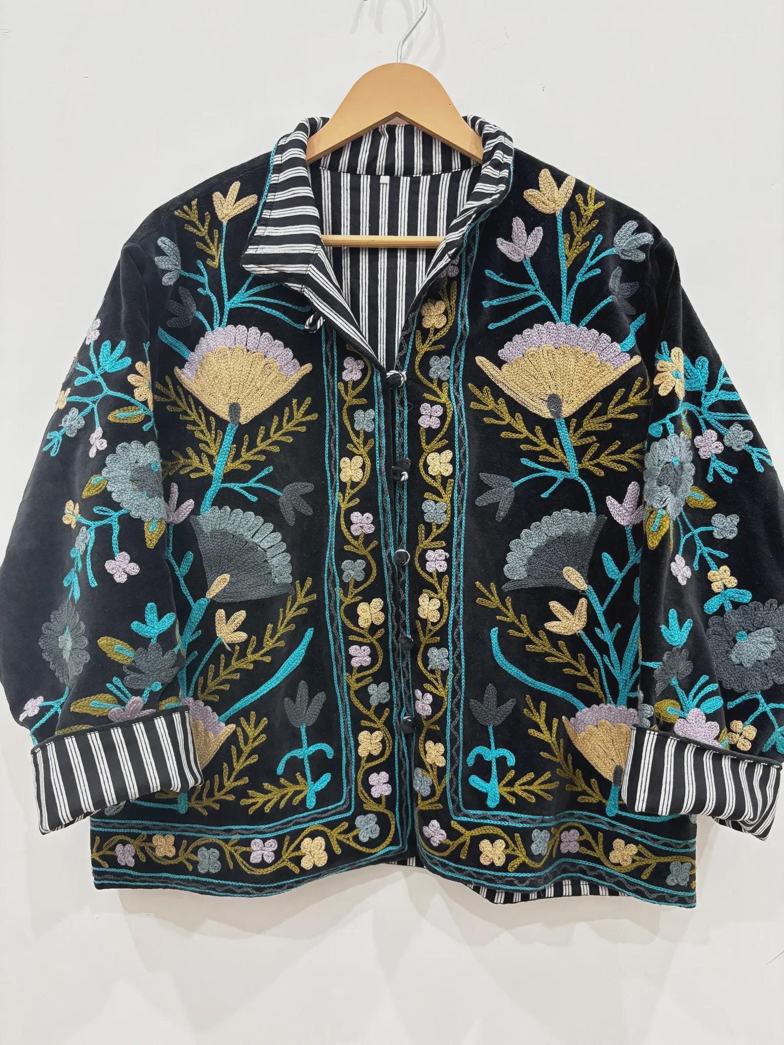 Embroidered Velvet Cropped Jacket | Colorful Suzani Floral Outerwear Bohozani