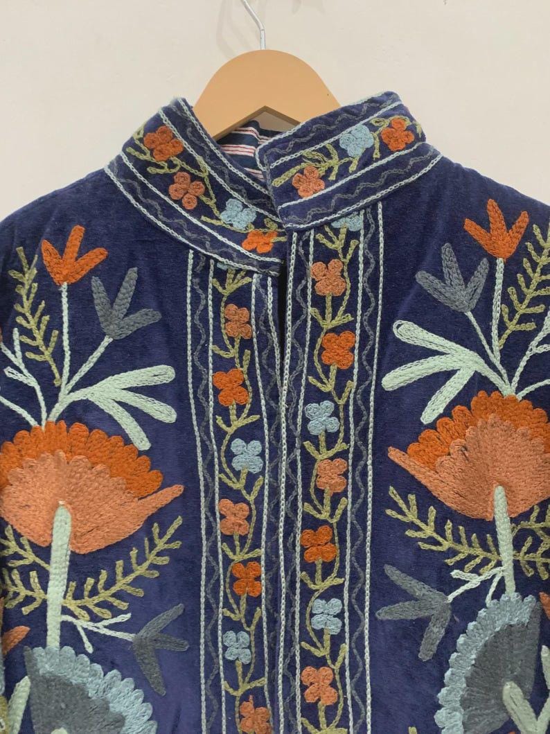 Antique Blue Color Velvet Suzani Jacket – Hand-Embroidered Boho Ethnic Kimono Outerwear Bohozani