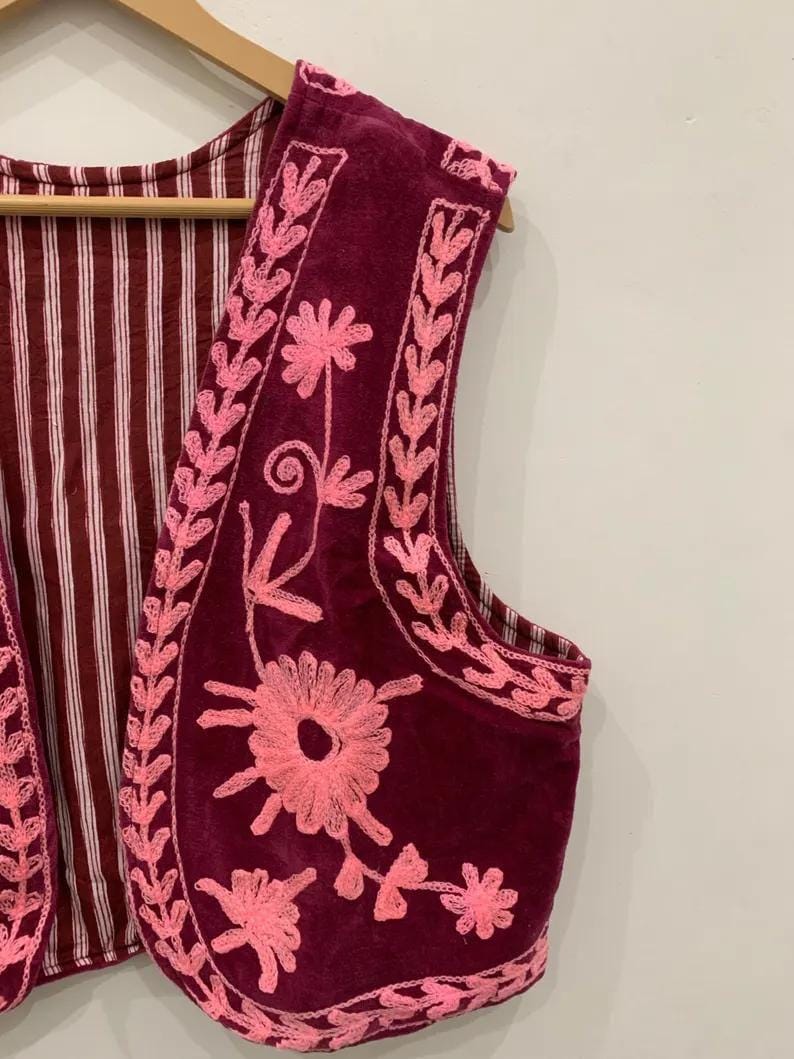 Handmade Suzani Velvet Vest | Floral Embroidered Boho Ethnic Jacket Bohozani