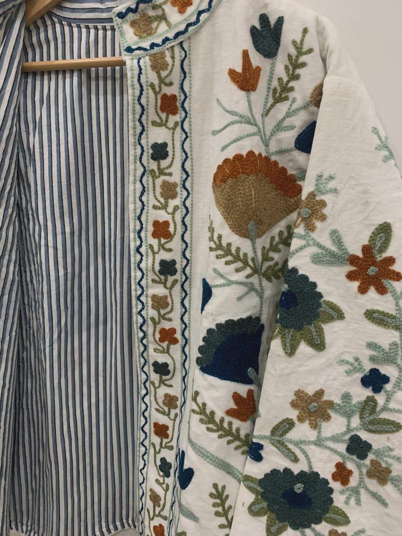 Handmade White Velvet Suzani Embroidered Jacket Bohozani