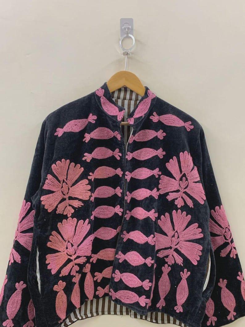 Black Velvet Embroidered Suzani Jacket | Artisan Boho Coat Bohozani