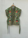 Green Velvet Suzani Embroidered Vest with Belt – Boho Festival Waistcoat Bohozani