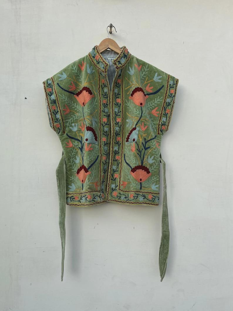Green Velvet Suzani Embroidered Vest with Belt – Boho Festival Waistcoat Bohozani