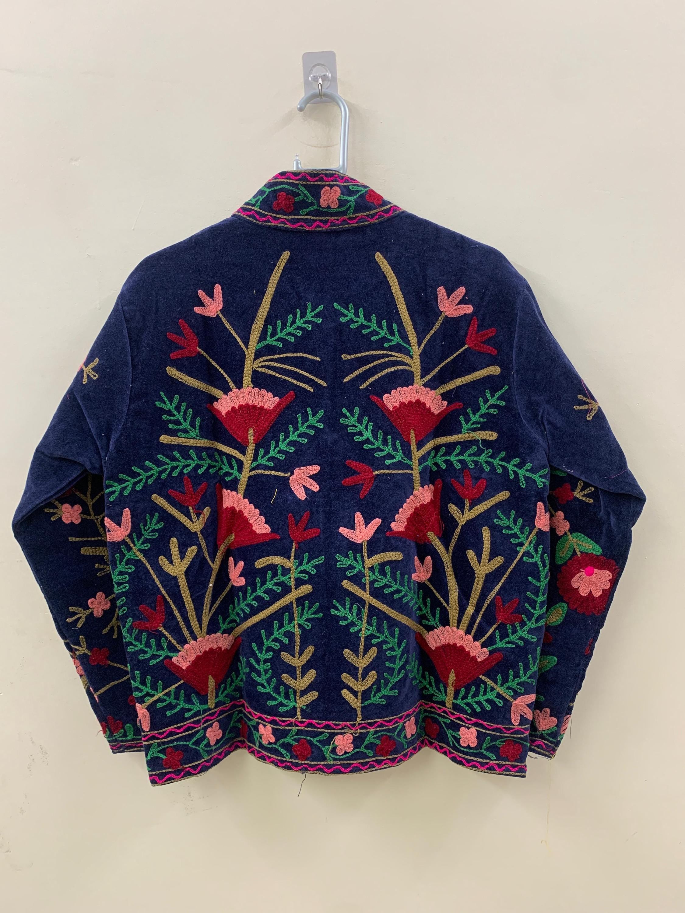 Handmade Velvet Suzani Jacket, Floral Embroidered Bohemian Kimono Coat Bohozani