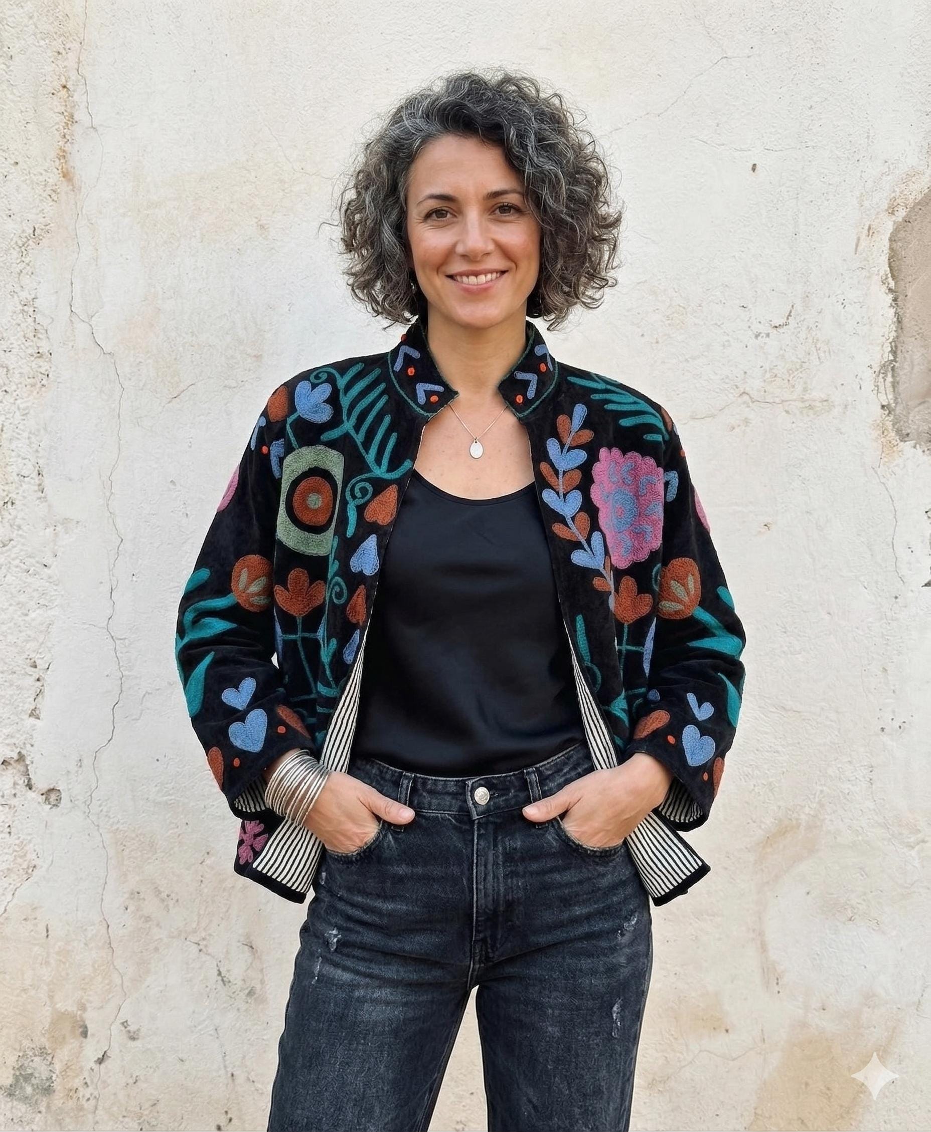 Embroidered Velvet Cropped Jacket | Colorful Suzani Floral Outerwear Bohozani
