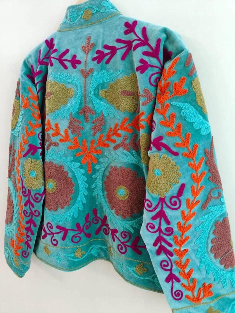 Velvet Suzani Embroidered Jacket | Bohemian Floral Uzbek Outerwear, Cropped Fit Bohozani