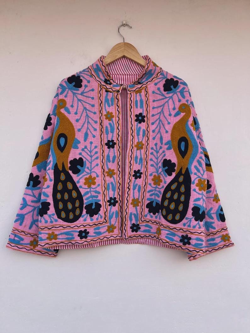 Pink Peacock Embroidered Suzani Jacket | Vibrant Boho Duster | Gift For Her Bohozani
