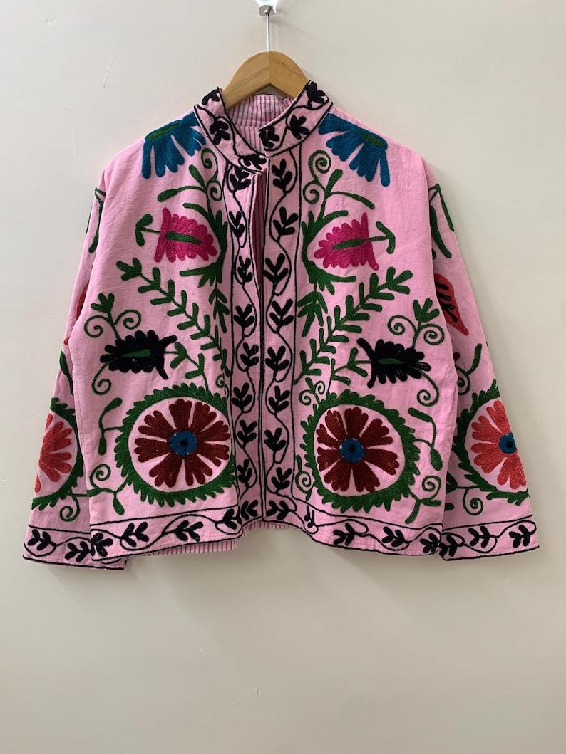 Pink Suzani Embroidered Velvet Jacket – Boho Floral Kimono Coat Bohozani