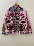 Pink Suzani Embroidered Velvet Jacket – Boho Floral Kimono Coat Bohozani