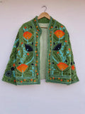 Green Handmade Velvet Suzani Kimono Jacket | Embroidered Uzbek Coat | Gift For Her Bohozani