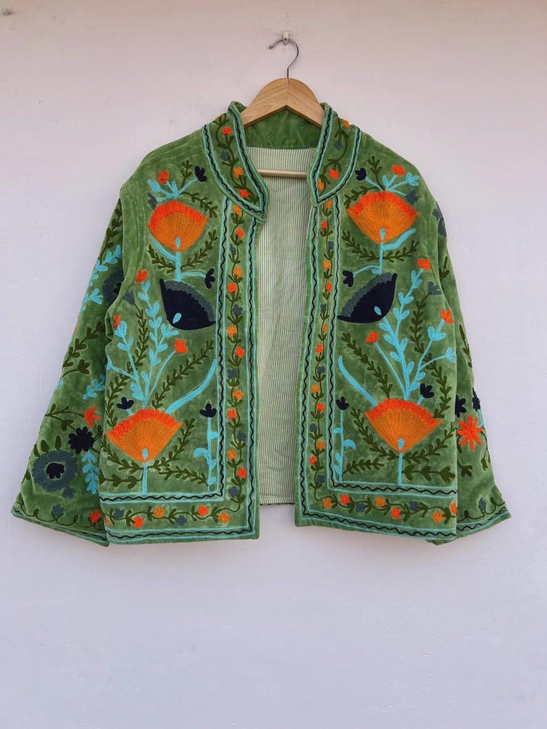 Green Handmade Velvet Suzani Kimono Jacket | Embroidered Uzbek Coat | Gift For Her Bohozani