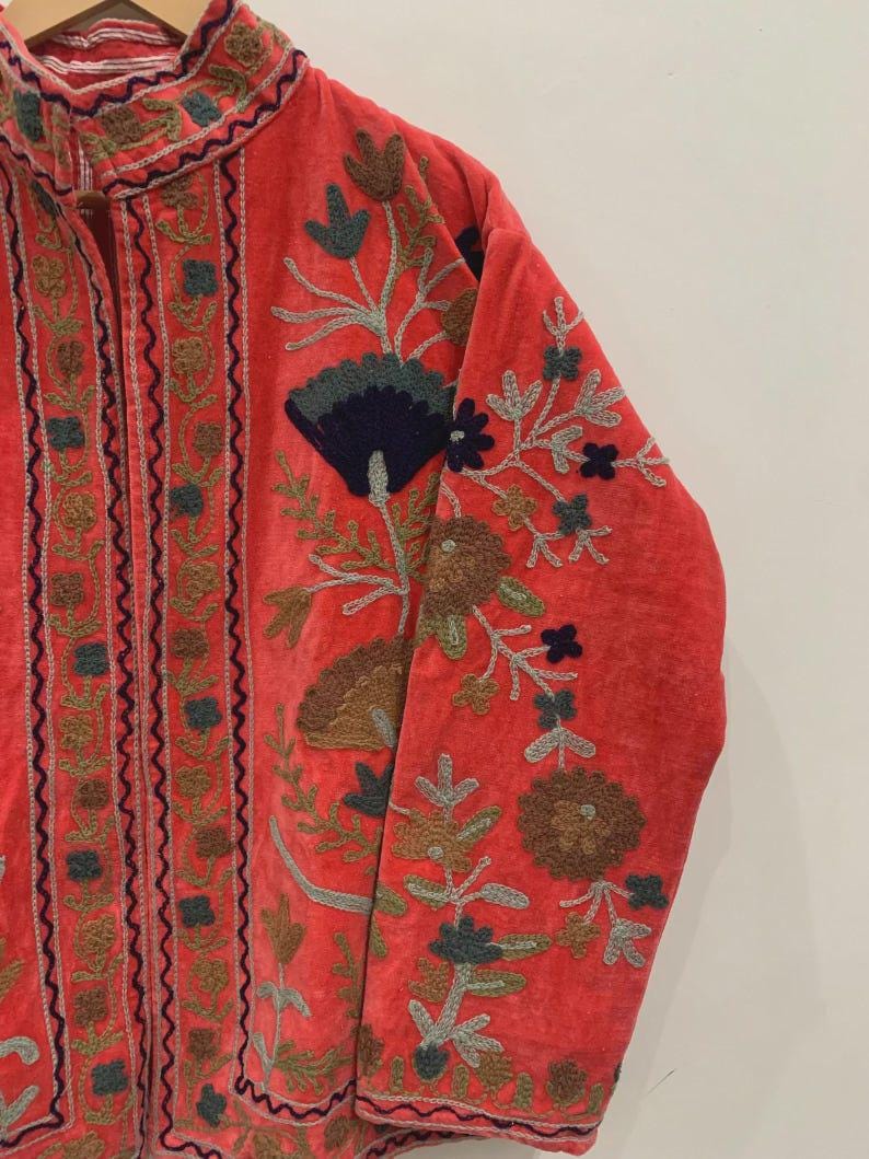 Red Embroidered Velvet Suzani Jacket | Cropped Bohemian Coat |Gift For Her Bohozani