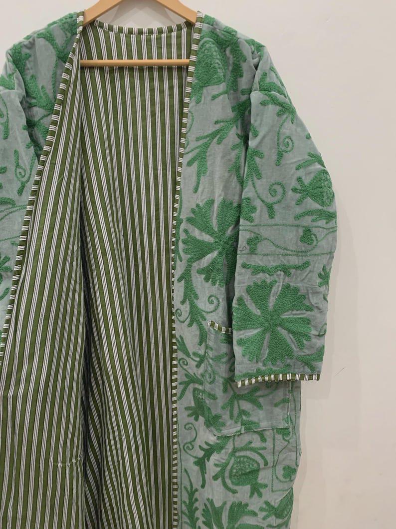 Hand-Embroidered Velvet Kimono Robe | Green Floral Boho Uzbek Duster Jacket Bohozani