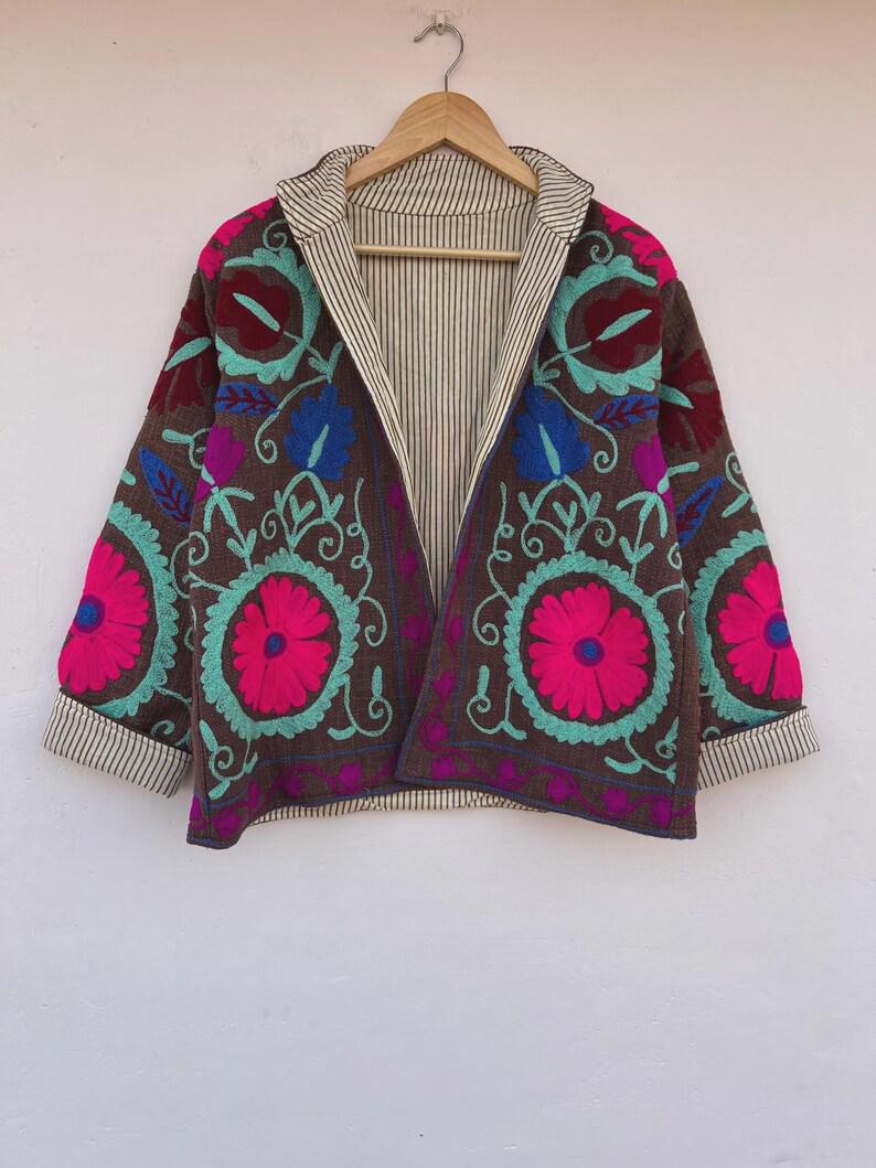 Embroidered Cotton Velvet Jacket | Floral Folk Art Boho Coat Bohozani