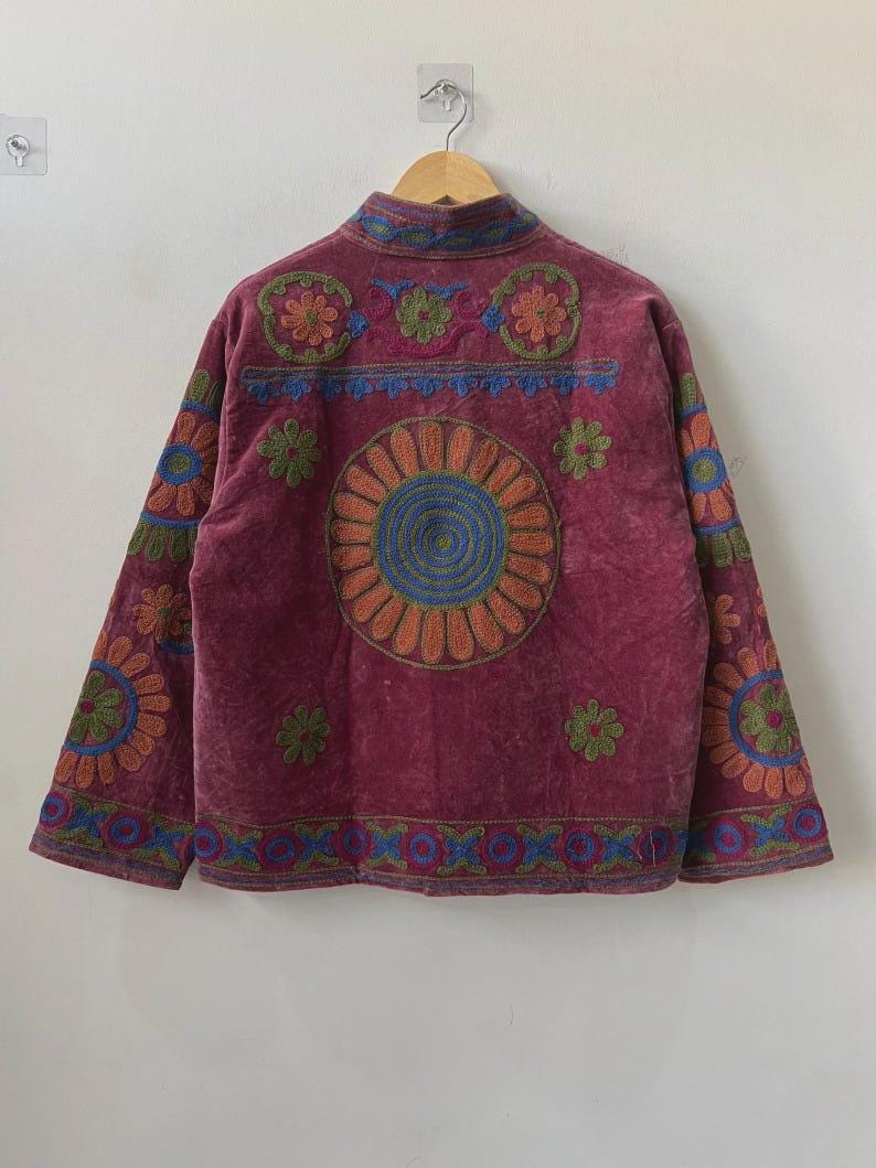 Multicolored Handmade Floral Velvet Suzani Embroidered Jacket Bohozani