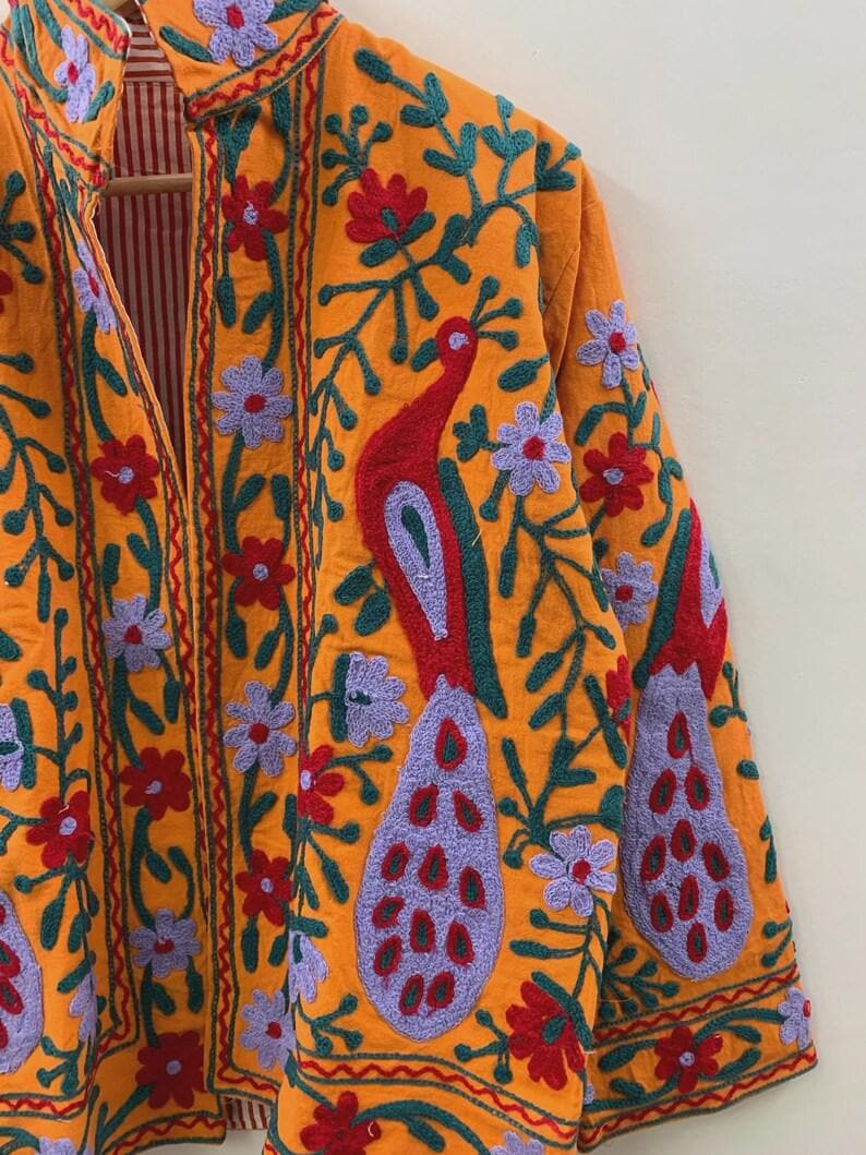 Orange Velvet Suzani Jacket | Hand-Embroidered Peacock Floral, Vintage Uzbek Style Bohozani