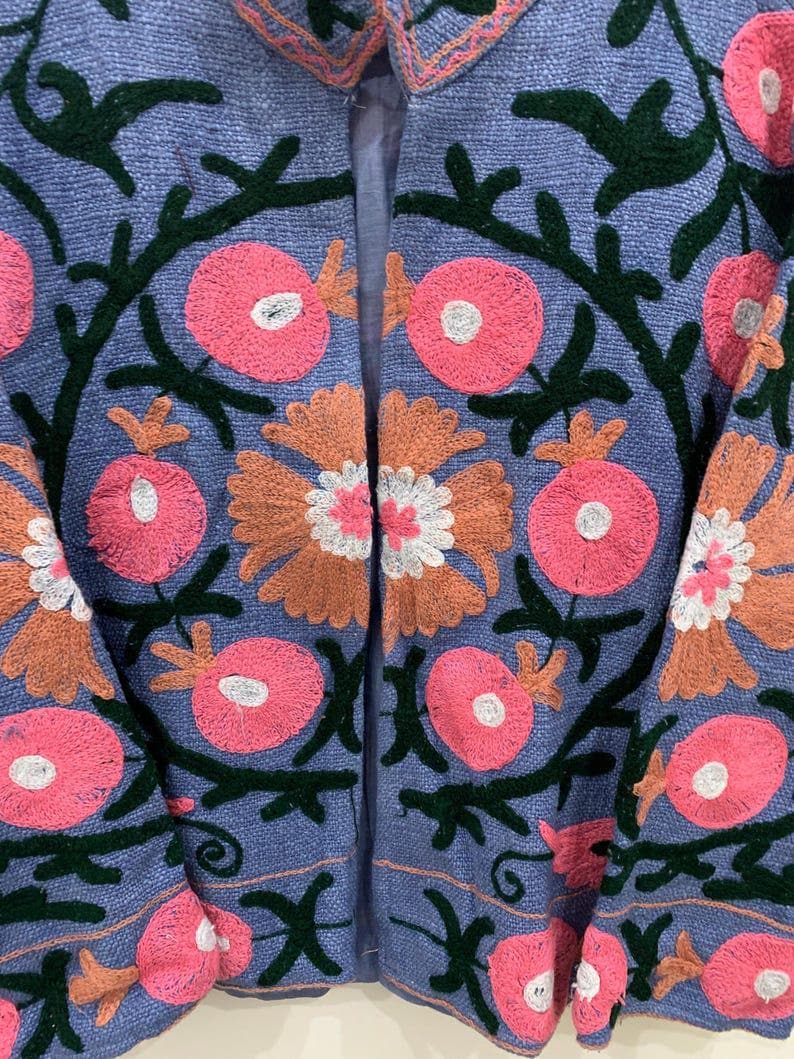 Embroidered Velvet Jacket, Green Floral Suzani Outerwear, Bohemian Style Coat Bohozani
