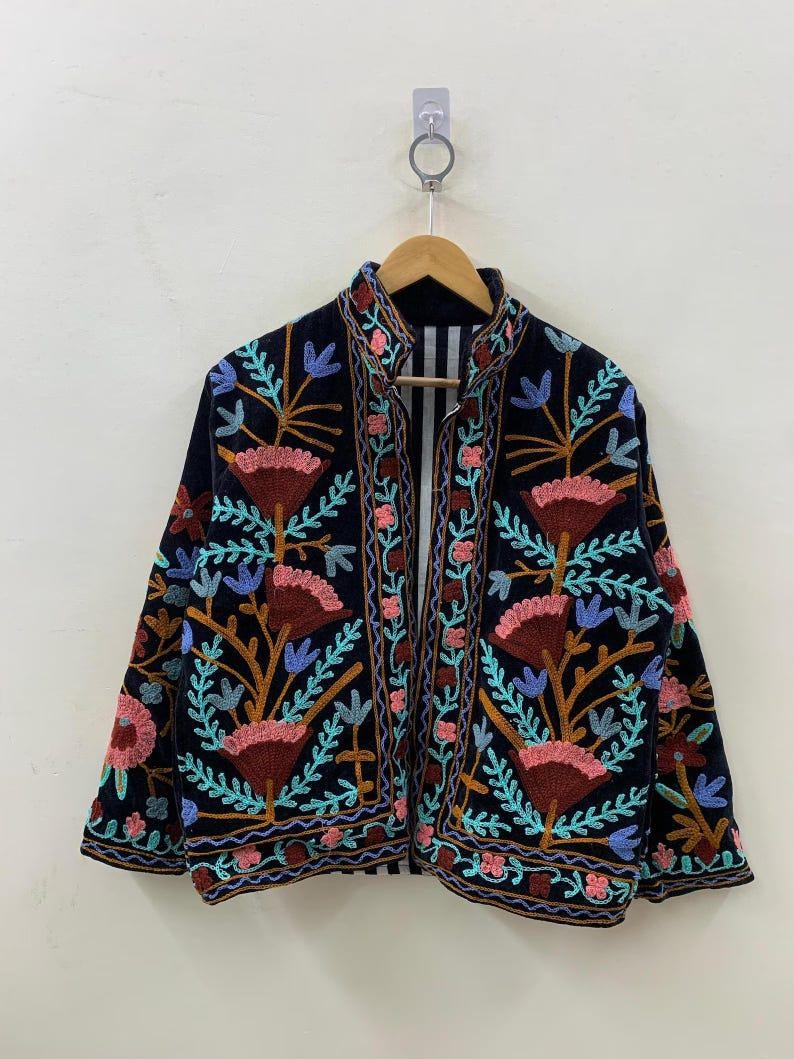 Velvet Suzani Embroidered Kimono Jacket | Boho Artisan Outerwear For Women Bohozani
