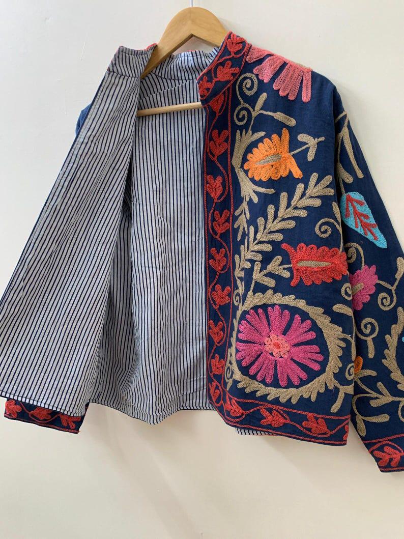 Embroidered Suzani Suede Jacket, Bohemian Floral Folk Art Coat Bohozani