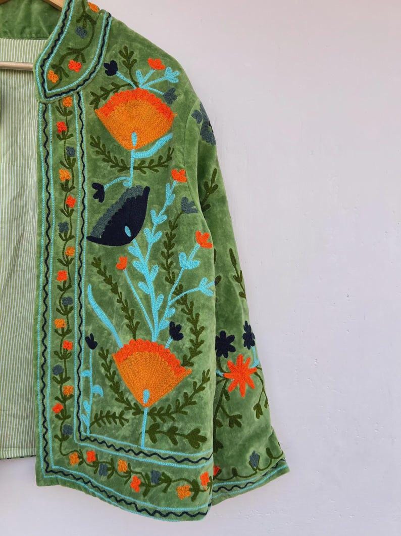 Green Handmade Velvet Suzani Kimono Jacket | Embroidered Uzbek Coat | Gift For Her Bohozani