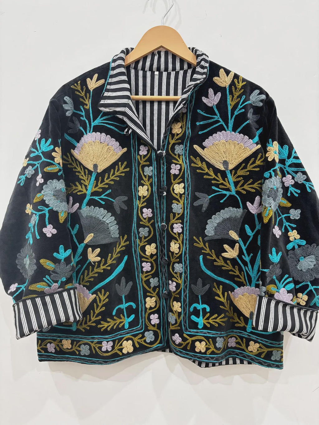 Embroidered Velvet Cropped Jacket | Colorful Suzani Floral Outerwear Bohozani