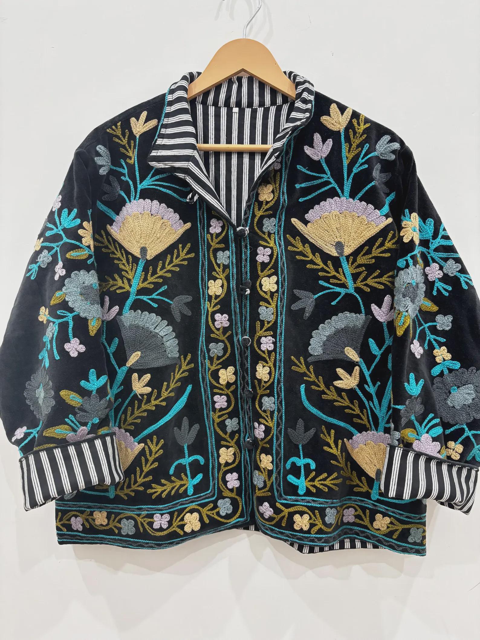 Embroidered Velvet Cropped Jacket | Colorful Suzani Floral Outerwear Bohozani