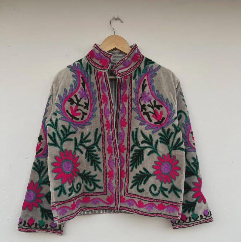 Handmade Suzani Velvet Cropped Jacket | Embroidered Floral Bohemian Coat |Gift For Her Bohozani