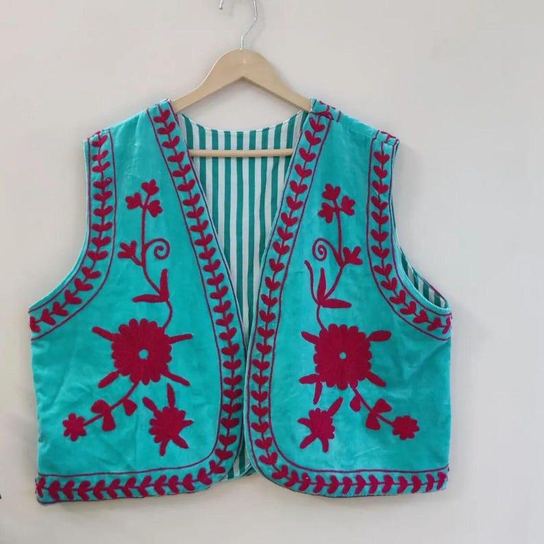 Blue Suzani Velvet Vest | Boho Floral Embroidered Waistcoat | Ethnic Gilet Bohozani
