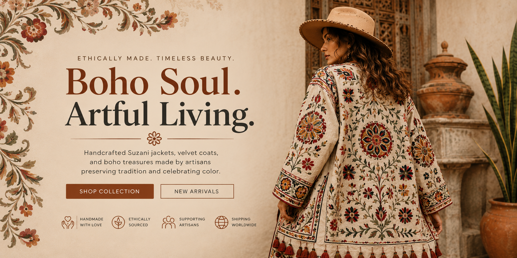 Woman in a patterned outfit with 'Boho Soul. Artful Living.' text and brand logo.