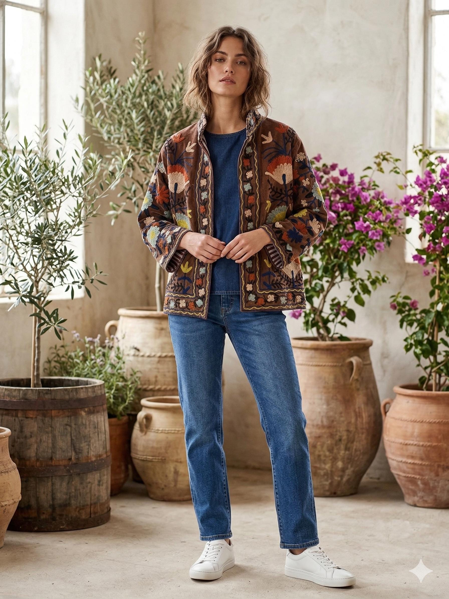 Suzani Embroidered Velvet Jacket | Short Bohemian Festival Coat | Ethnic Kimono Outerwear Bohozani