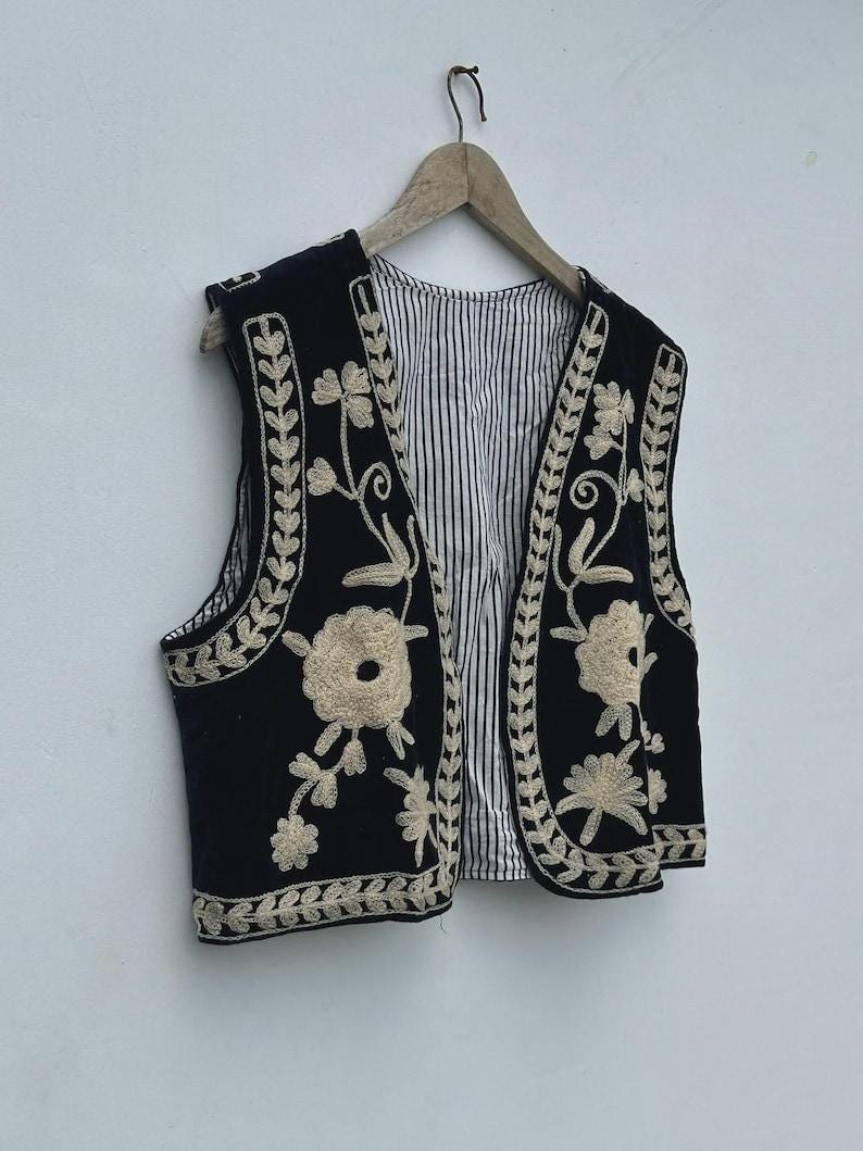 Black Velvet Suzani Vest | Embroidered Floral Boho Waistcoat, Cotton Lined Jacket Bohozani