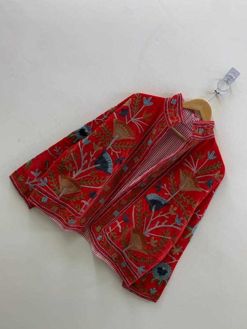 Handmade Orange Velvet Suzani Embroidered Jacket Bohozani