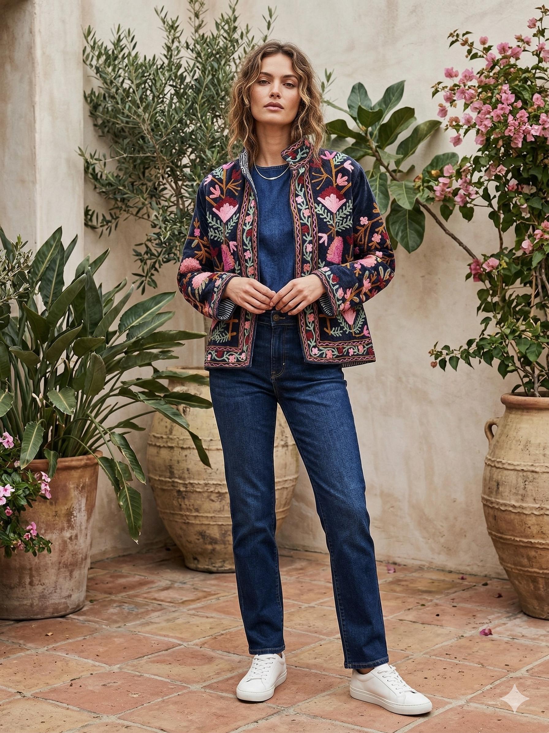 Handmade Suzani Embroidered Cotton Jacket, Boho Kimono Robe Bohozani