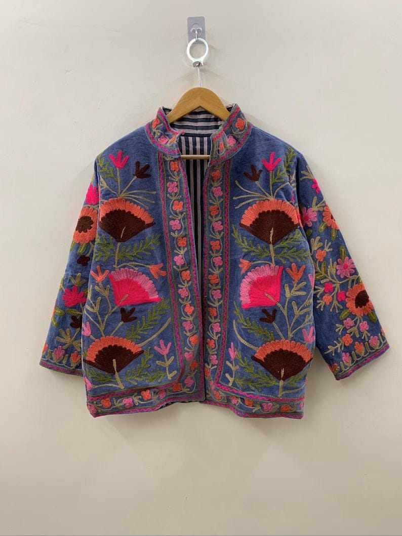 Velvet Suzani Floral Embroidered Jacket | Boho Cropped Outerwear Bohozani