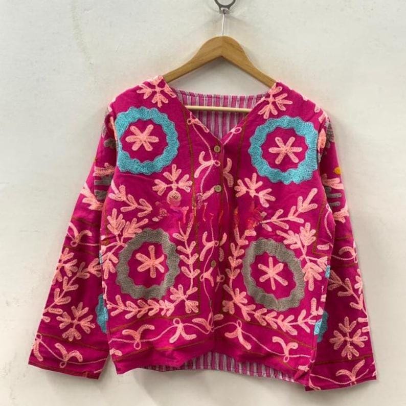Pink Handmade Floral Red Velvet Suzani Embroidered Jacket Bohozani
