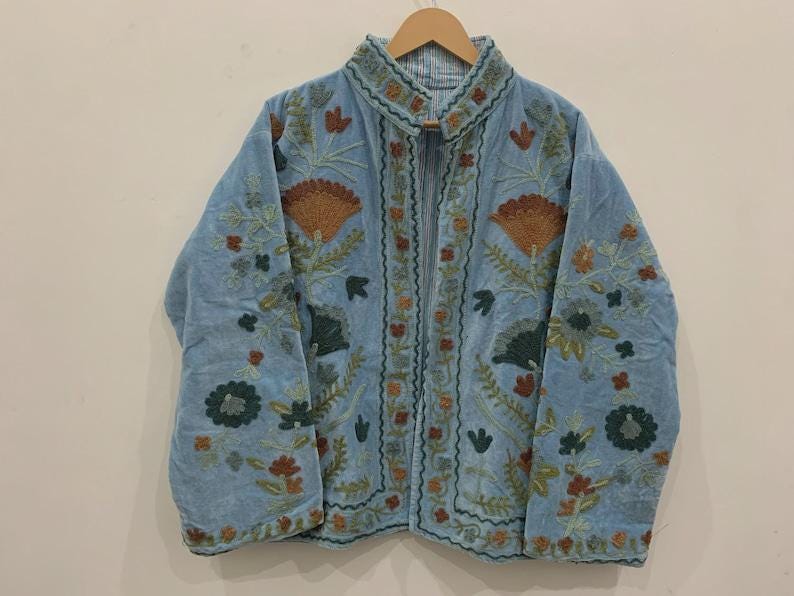 Floral Suzani Embroidered Velvet Jacket, Vintage Boho Coat Bohozani